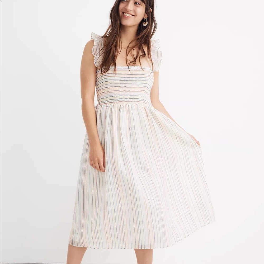 Madewell Ruffle-Strap Smocked Dress in Rainbow Stripe